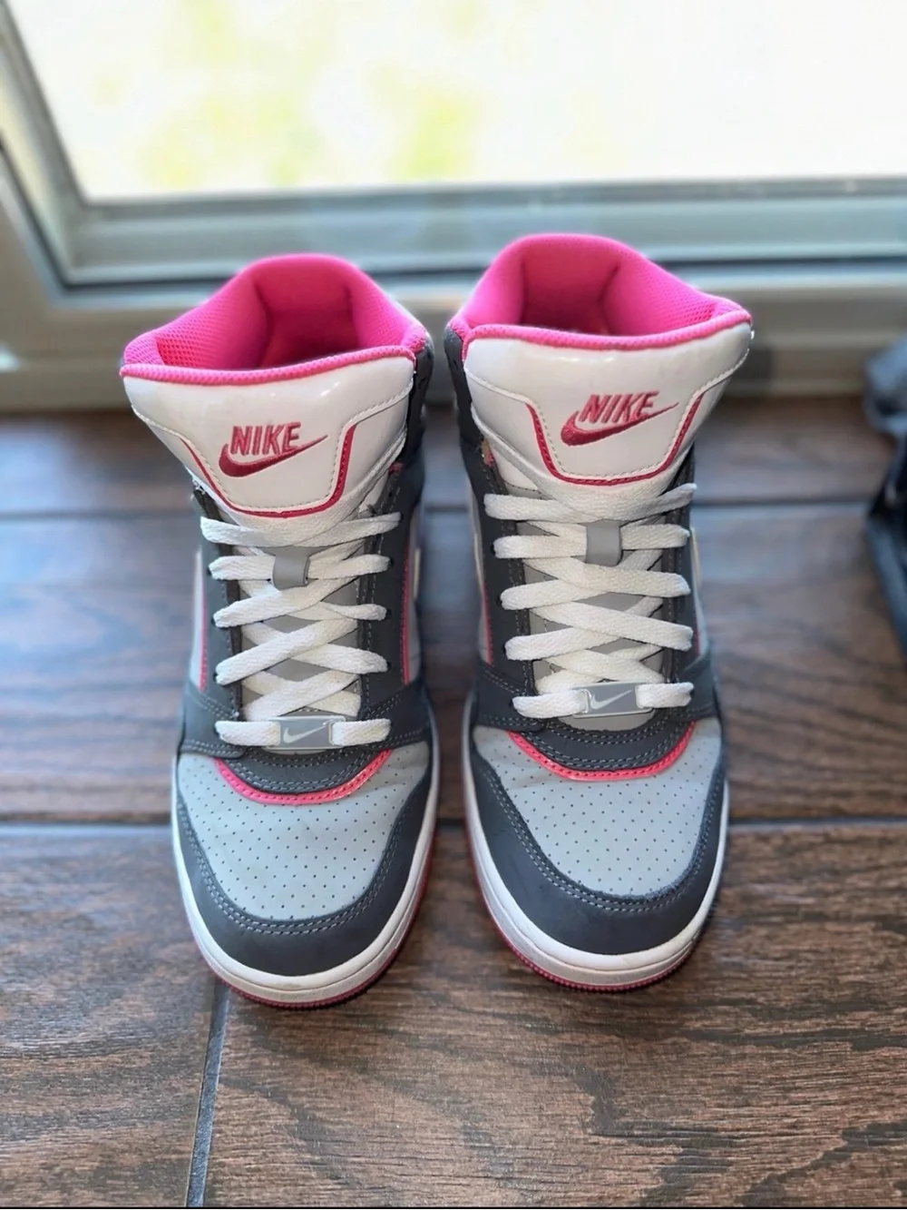 Nike High-Top Sneakers in White, Gray & Pink Accent